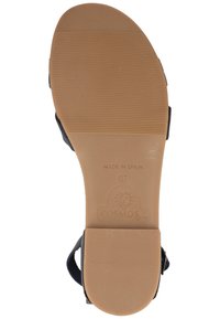 Sandały z teksturowaną, brązową gumową podeszwą, w płaskim fasonie, z regulowanymi paskami i wytłoczonym logo. Wyprodukowano w Hiszpanii, rozmiar 37.