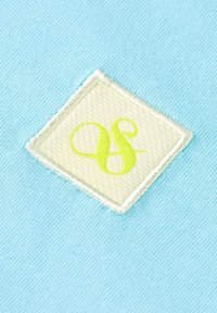 Tela azul claro con un parche cuadrado que tiene un fondo crema texturizado y un bordado verde de las letras "S" y "&".