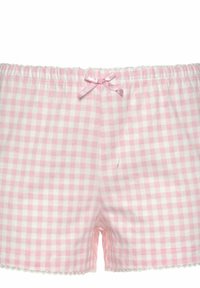 Roze en witte ruitjesshorts met een elastische tailleband en een klein satijnen strikje aan de voorkant. De randen hebben een delicate kanten rand.