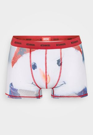 Herrenboxershorts mit einem Schneemann-Graphic-Druck, überwiegend weiß mit roten und blauen Akzenten, elastischem roten Bund und kontrastierenden Nähten.