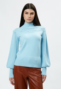 Helles blaues Sweatshirt mit hohem Kragen, strukturierten Ärmeln und geripptem Saum. Mit dekorativen Details über der Brust. Kombiniert mit braunen Hosen.