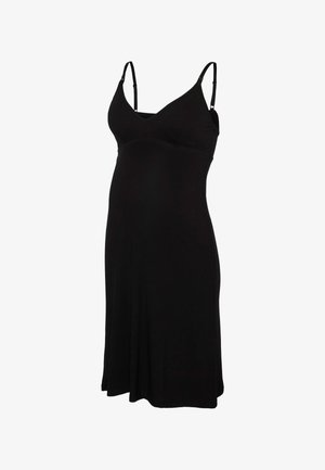 Zwarte mouwloze zwangerschapsjurk met verstelbare dunne bandjes en een aansluitende bustier, licht uitlopend vanaf de taille.