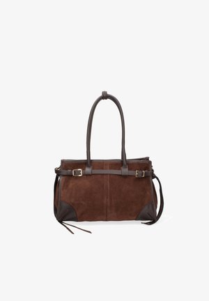 Bruine suède handtas met leren accenten, twee handvatten aan de bovenkant, een verstelbare schouderband en gouden hardware details.