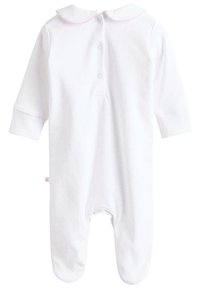 Body blanc avec un motif à pois roses clairs, manches longues et col. Présente des fermetures à pression dans le dos et un design pied fermé. Tissu doux.