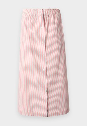 Jupe rayée blanche avec des rayures verticales rouges, dotée d'une taille élastique, de boutons sur le devant et d'une coupe droite, longueur genou.