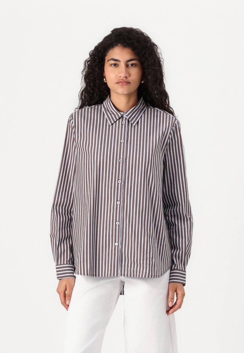 Striped shirt in brown and light blue, featuring a button-down front, a classic collar, and long sleeves with cuff details.