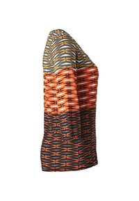 Pitkähihaisen paidan, jossa on geometrinen kuvio oranssi-, keltainen- ja mustaväri. Valmistettu sileästä, joustavasta kankaasta.