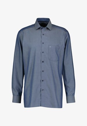 Chemise homme à manches longues boutonnée, motif géométrique bleu et gris, avec poche poitrine et col classique.