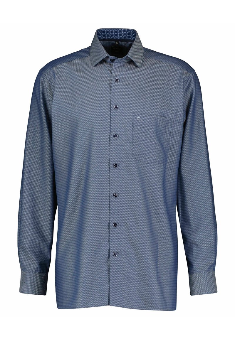 Chemise homme à manches longues boutonnée, motif géométrique bleu et gris, avec poche poitrine et col classique.