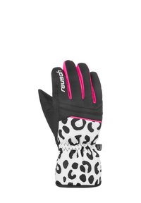 Zwarte en roze geïsoleerde winterhandschoen met een luipaardpatroon op de onderste helft, voorzien van een aangesnoerde pols en merkvermelding.