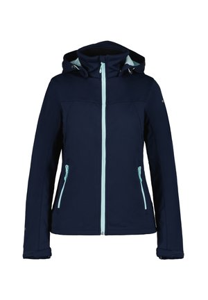 Veste à capuche pour femmes de couleur bleu marine avec fermeture éclair et détails de poche bleu clair, manches longues et poignets ajustables.