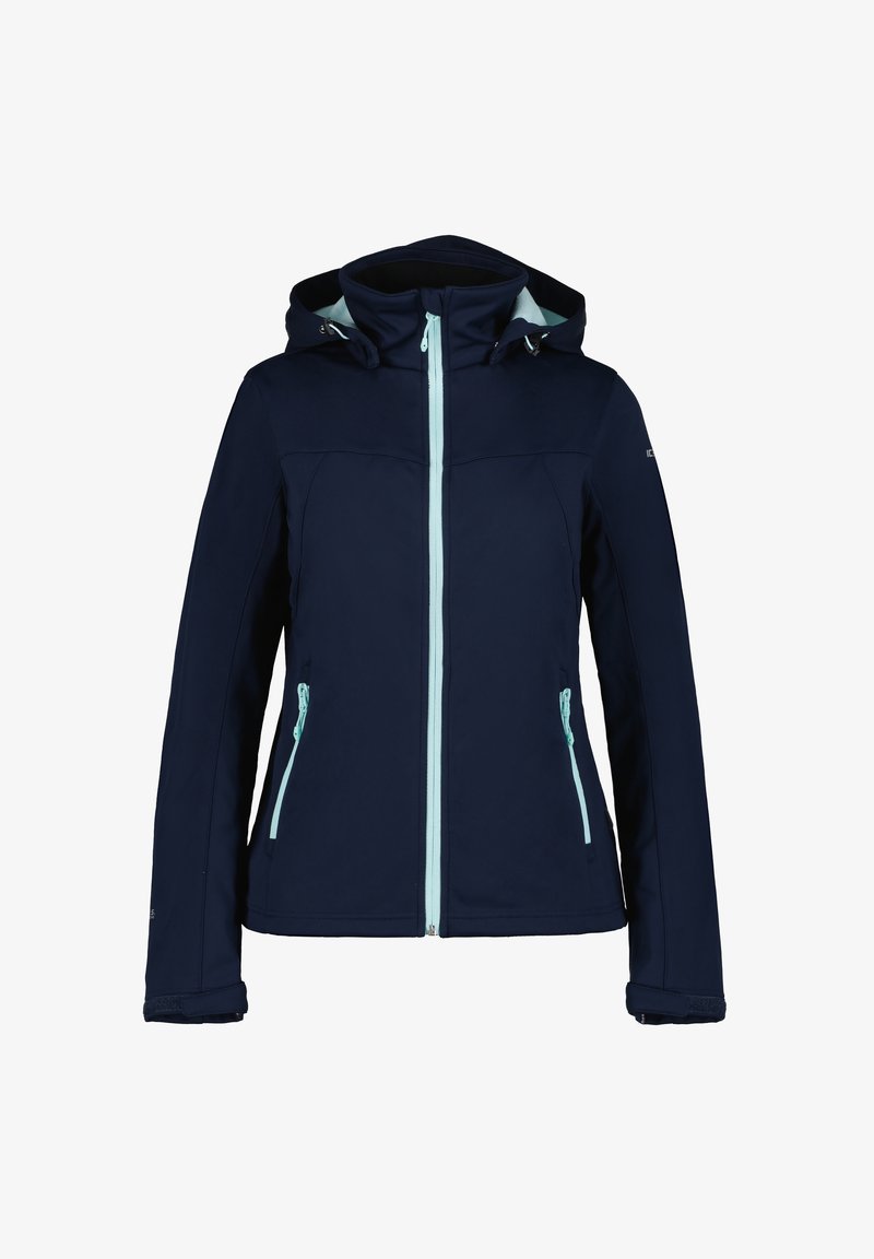 Veste à capuche pour femmes de couleur bleu marine avec fermeture éclair et détails de poche bleu clair, manches longues et poignets ajustables.