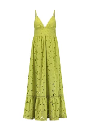 Vestido maxi verde sin mangas con escote en V, patrón floral bordado y falda acampanada con dobladillo con volante.