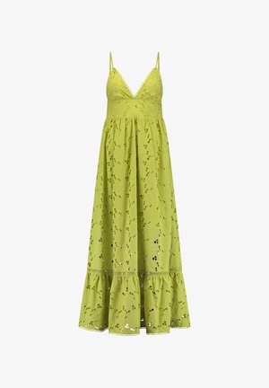 Green, sleeveless maxi dress featuring a V-neck, embroidered floral pattern, and a flared skirt with a ruffled hem.