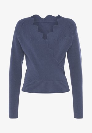 Marineblauer Pullover mit gewelltem Ausschnitt, gerippter Textur, langen Ärmeln und enganliegendem Saum, gestaltet mit einem überlappenden Vorderteil.