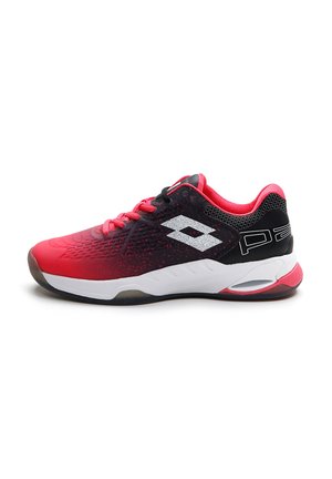 Sports shoe with red and black upper, white midsole, and pink laces, featuring a white geometric logo on the side.