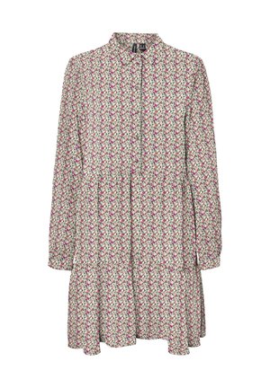 Long-sleeve floral print dress with small pink and white flowers, collared neckline, button front, and tiered skirt on white background.