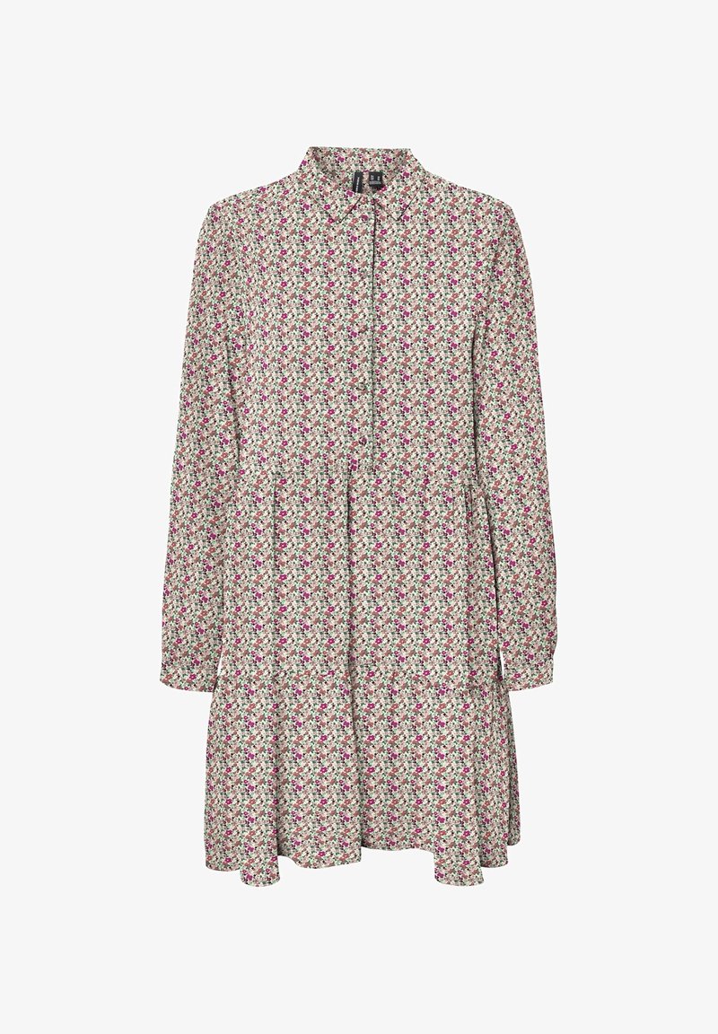 Robe à manches longues à imprimé floral avec de petites fleurs roses et blanches, col avec col, devant boutonné, et jupe à volants sur fond blanc.