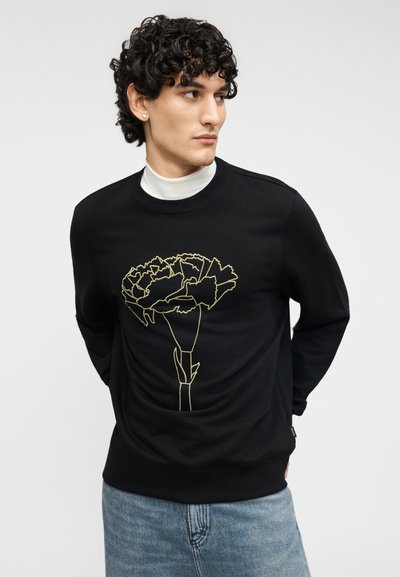 Μαύρο φούτερ με στρογγυλή λαιμόκοψη, με χρυσό περίγραμμα σχεδίου γαρύφαλλου στο μπροστινό μέρος. Μαλακό ύφασμα, άνετη εφαρμογή.