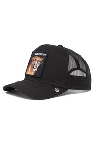 Gorra negra con un frontal estructurado, paneles de malla y un gráfico bordado de un diente de sable en la parche. Visera curva y correa ajustable.
