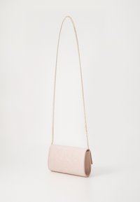 Pink suede clutch bag with a rectangular shape and a gold chain strap hanging from the side. Smooth surface with no visible patterns.