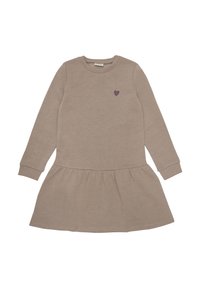 Långärmad klänning i beige tyg med en svängd kjol, prydd med ett litet lila hjärta på bröstet. Mjuk textur, ribbade manschetter.