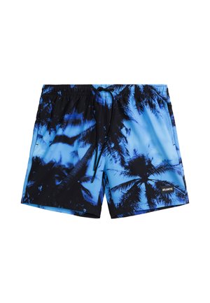 Niebieskie i czarne spodenki do pływania z wzorem palm, elastyczny pas z sznurkiem i metka z logo na dolnej prawej stronie.