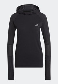 Hoodie noir à manches longues avec un design côtelé sur les manches, un col décontracté et un petit logo blanc sur la poitrine. Tissu lisse et extensible.
