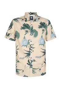 Camicia a maniche corte color beige con motivo floreale e cactus verdi e blu, caratterizzata da un colletto aperto e bottoni di plastica.