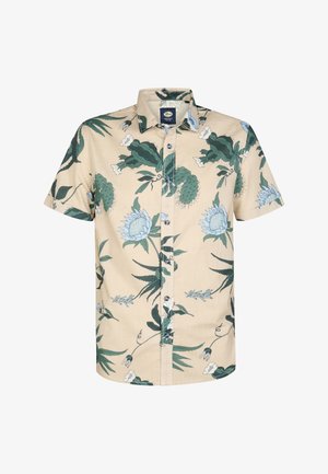 Beige blouse met korte mouwen, groenblauwe bloemen- en cactuspatarnen, met een brede kraag en plastic knopen.