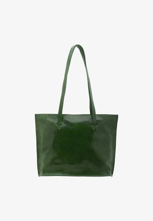 Sac fourre-tout en cuir vert avec une finition brillante, doté de deux poignées robustes et d'une forme rectangulaire. Pas de motifs ni de quincaillerie visibles.