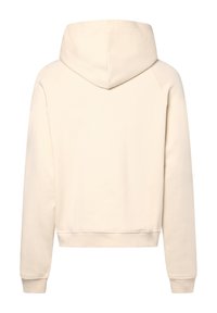 Helle beige Kapuzenjacke mit Kordelzug, gerippten Bündchen und Saum. Glatte Textur und minimalistisches Design, ohne zusätzliche Muster.