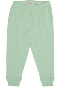 Pantaloni della tuta verde chiaro realizzati in morbido cotone, con vita e polsini elasticizzati. Il design è semplice e presenta una texture liscia.