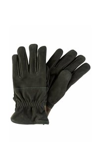 Gants en cuir noir avec une texture lisse, présentant des poignets élastiques froncés et cinq doigts individuels pour plus de dextérité.