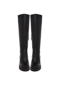Schwarze Kniehohe Stiefel aus Leder mit glatter Textur, runder Zehenform, dekorativen Akzenten und einem seitlichen Reißverschluss für ein einfaches An- und Ausziehen.
