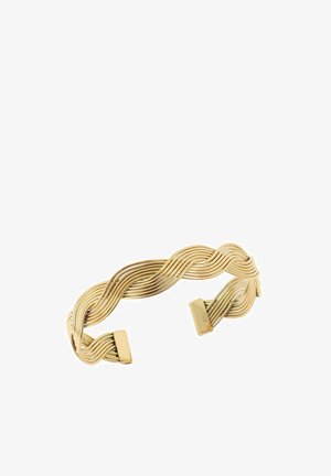 Gold cuff bracelet featuring a twisted, wavy design with a smooth texture; ends have rectangular flat accents for closure.