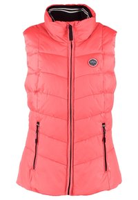 Veste matelassée sans manches rose corail avec col montant, fermeture éclair noire à l'avant, deux poches latérales zippées et patch logo rond sur la poitrine.