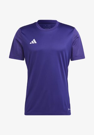 T-shirt de sport Adidas violet à manches courtes avec logo blanc sur la poitrine et tissu en mesh sur les manches pour la respirabilité.