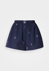 Shorts en coton bleu marine avec des rayures verticales blanches, présentant de petites illustrations et un devant à boutons, avec une taille élastique.