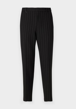 Black trousers with thin vertical stripes, tailored fit, front pockets, and belt loops. Made from a smooth, textured fabric.