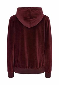 Burgundy sametová mikina s dlouhými rukávy, žebrovanými manžetami a lemem, zobrazená zezadu na bílém pozadí.