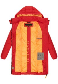 Red puffer jacket with an orange lining, featuring a hood, elastic cuffs, branded interior, and care label on the side. Zipper closure.