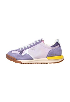 Purple and pink Pepe Jeans London sneaker with white laces, yellow heel accent, and brown rubber sole facing right.