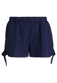 Marinblå shorts gjorda av lättviktsmaterial, med elastiskt midjeband, sidoförbindningar och sömdekorationer i fållen.