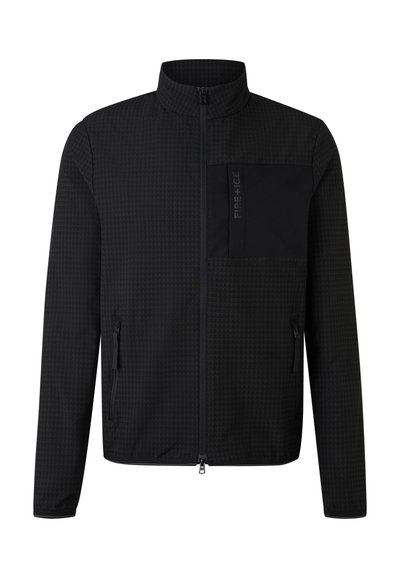 Schwarze Jacke aus strukturiertem Stoff. Verfügt über einen hohen Kragen, einen Frontreißverschluss und eine Brusttasche mit Logo. Zwei seitliche Reißverschlusstaschen sind ebenfalls vorhanden.