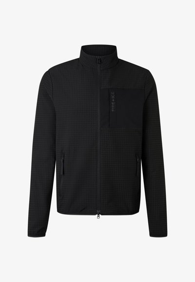 Veste noire en tissu texturé. Présente un col haut, une fermeture éclair sur le devant et une poche poitrine avec logo. Deux poches latérales zippées sont également incluses.