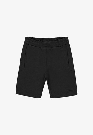 Zwarte shorts van zacht materiaal, met een elastische tailleband en twee zijzakken. Subtiele merknaam aan de onderzijde rechts.