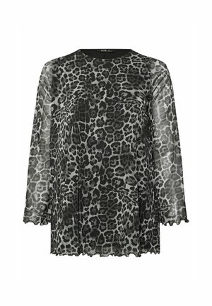 Läpinäkyvä svart och grå leopardmönstrad topp med långa ärmar, rund halsringning och scallopad nederkant. Lättviktsmaterial med en slät textur.