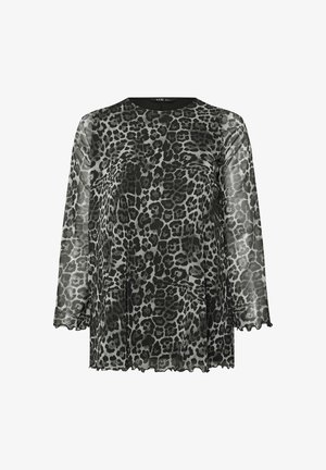 Läpinäkyvä svart och grå leopardmönstrad topp med långa ärmar, rund halsringning och scallopad nederkant. Lättviktsmaterial med en slät textur.