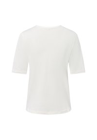 White cotton t-shirt with a round neckline and mid-length sleeves. Smooth texture with a slightly loose fit and a plain design.